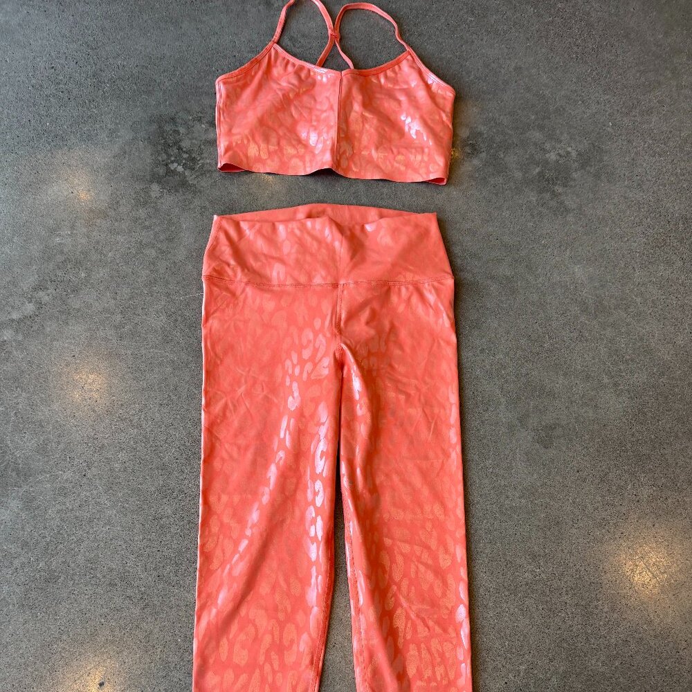 Carbon38 Leopard Shimmer Legging + Bra Set Coral L/XL